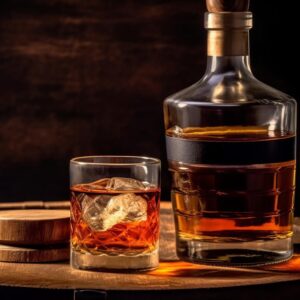 A glass of distilled liquor in a small glass with ice, and a bottle beside it.