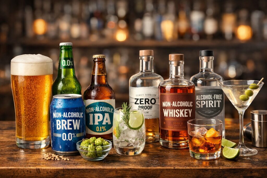 Non-alcoholic beer and spirit image depiction